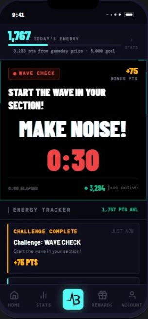 Brimz mobile app showing live energy tracker and section challenge